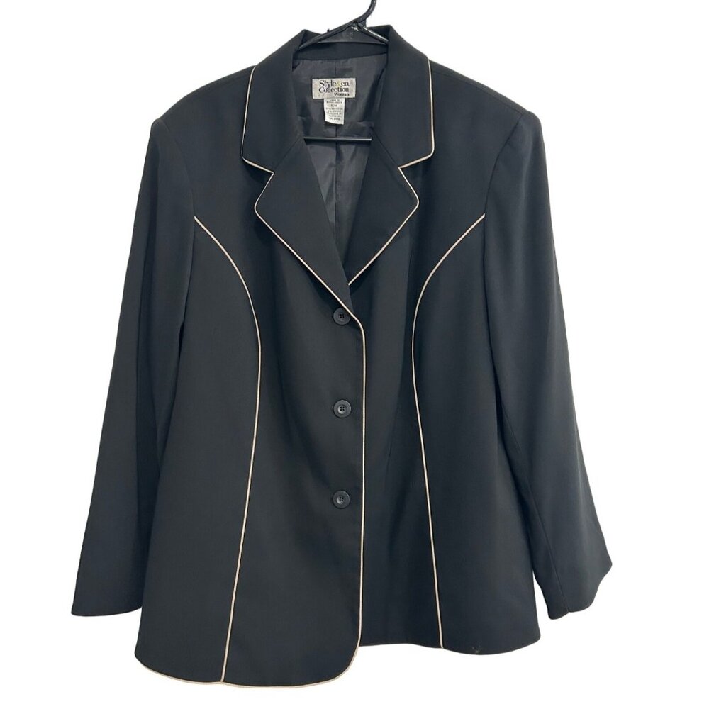 Style & Co Womens Black Three Button Blazer Jacket Beige Piping Sz 16W